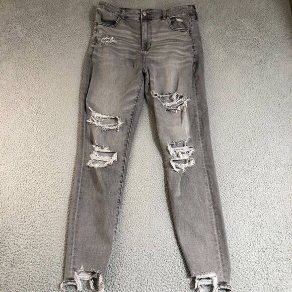 American Eagle Jeans Womens Gray 16 Jegging Hi-Rise Distressed Trashed‎ Grunge - Picture 1 of 9